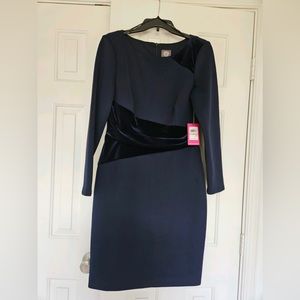 Navy Long Sleeve Midi Dress with Velvet Accent